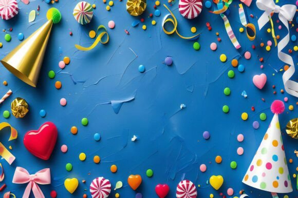 A Blue Surface with Confetti and Candy: A Versatile Creative Background