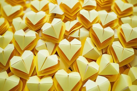 A Group of Yellow Origami Hearts